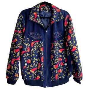 Vintage Embroidered Bird Jacket Cottagecore Folk Art Zip Bomber M/L Blue Red